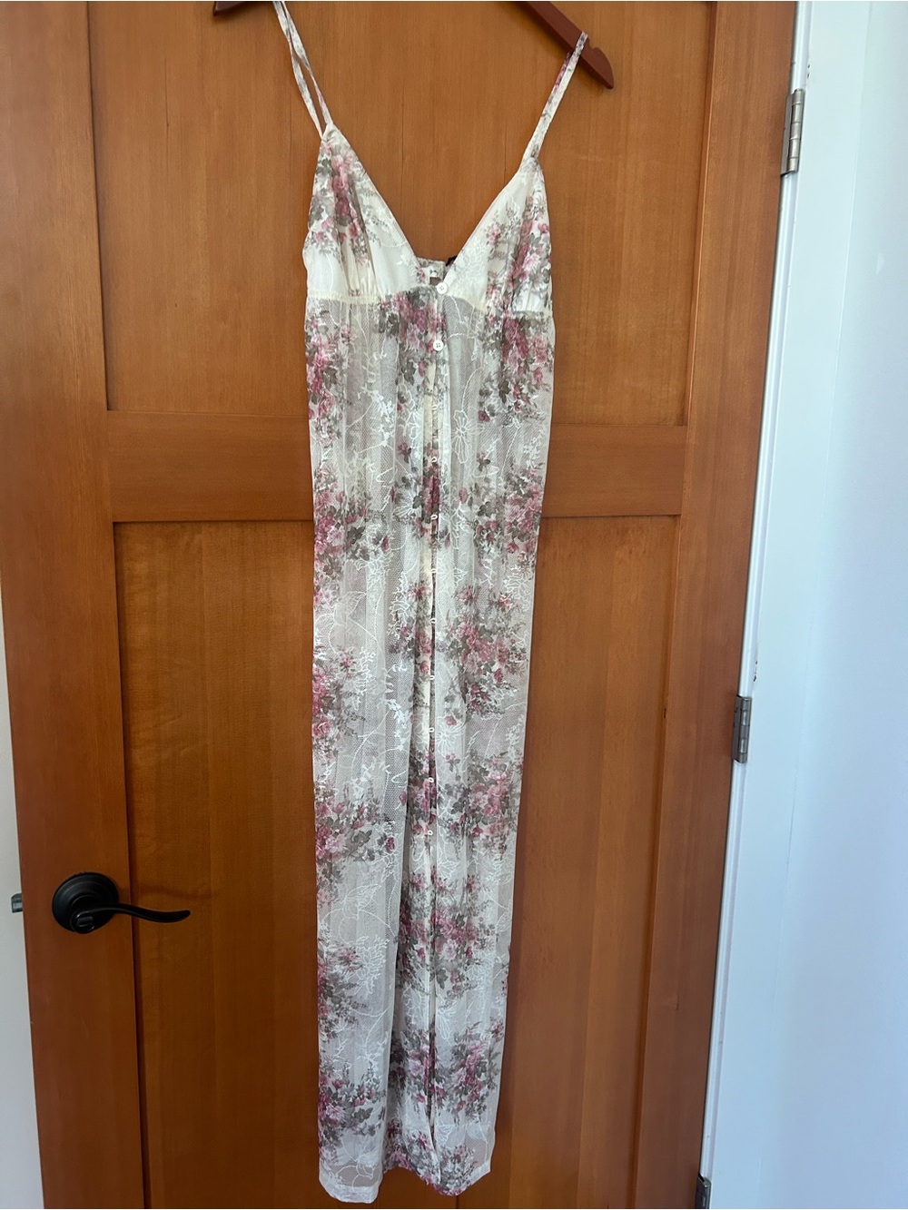 Cream Floral Lace-Trim Tank Maxi Dress with Pink Accents